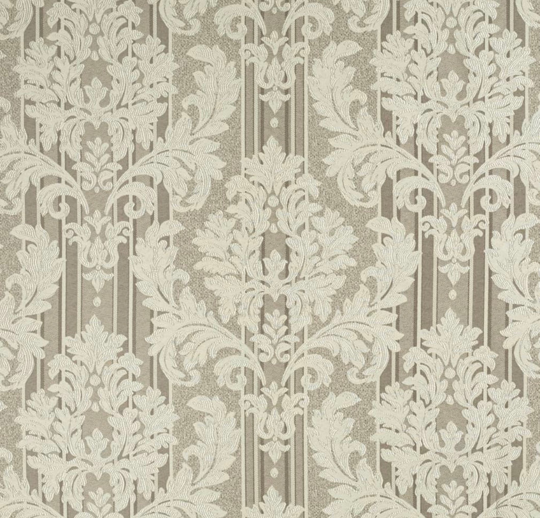 Spanish Made Damask Stripe Taupe Beige White Upholstery Drapery Fabric CF