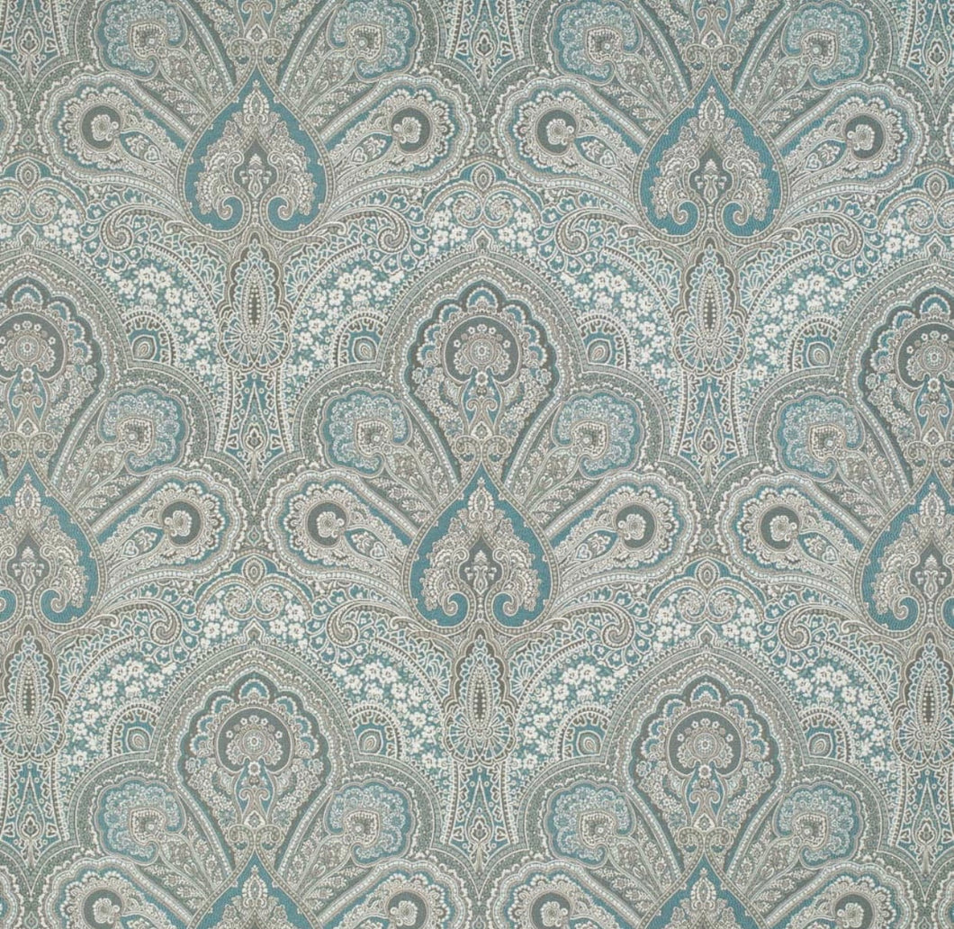 Spanish Made Turquoise Aqua Blue Grey White Brocade Damask Upholstery Drapery Fabric CF