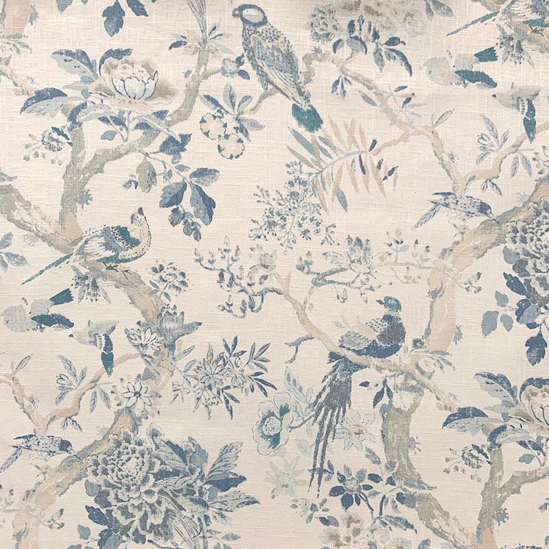 Cream Seafoam Aqua Beige Floral Bird Print Linen Rayon Upholstery Drapery Fabric MGF