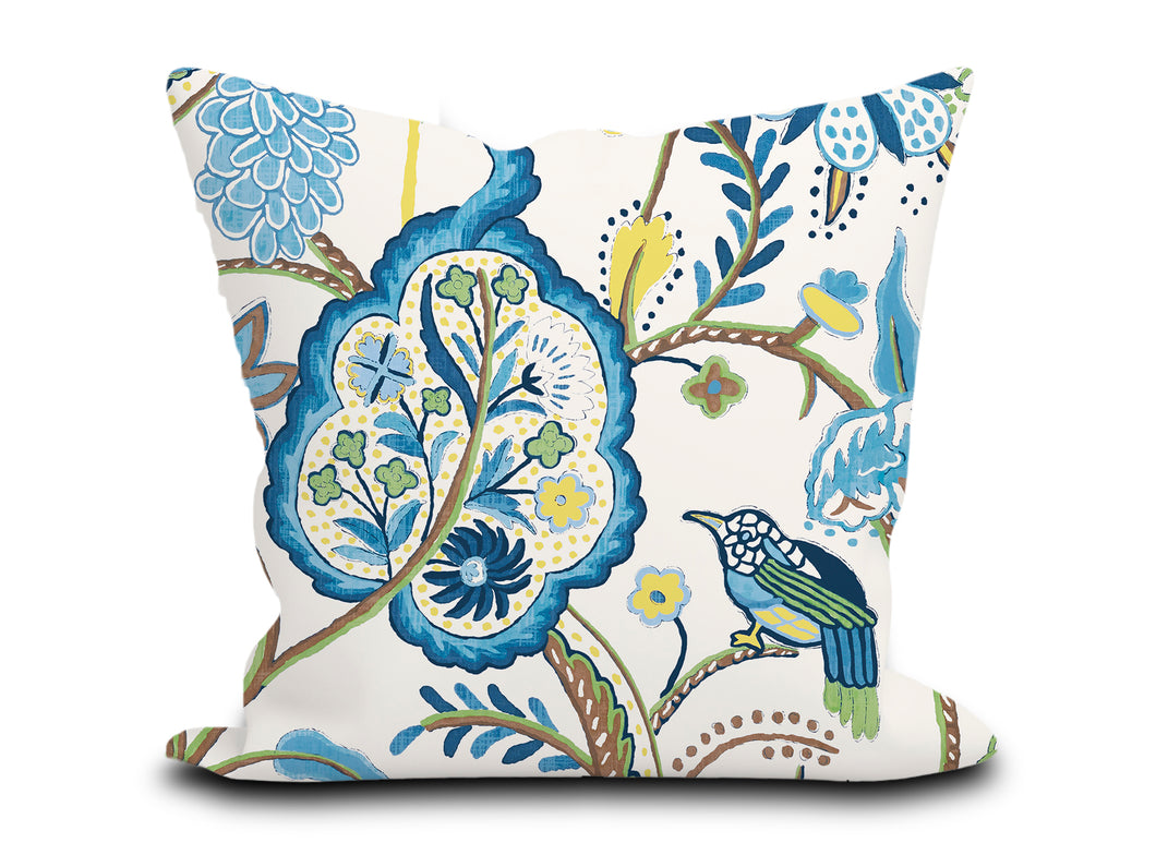 Custom Pillow Cover in Floral Botanical Bird Thibaut Windsor in Blue and Yellow - One Side