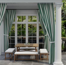 Load image into Gallery viewer, Heavy Duty Outdoor Solution Dyed Acrylic Forest Green Cream Stripe Upholstery Drapery Fabric CF