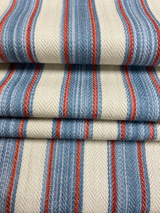 Penhaggon Designers Guild William Yeoward Sky Blue Red Greige Stripe Cotton Upholstery Drapery Fabric STA 4414