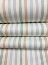 Load image into Gallery viewer, Designer Cotton Cream Aqua Blue Green Taupe Stripe Water &amp; Stain Resistant Upholstery Drapery Fabric WHS 4528