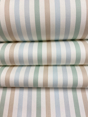 Designer Cotton Cream Aqua Blue Green Taupe Stripe Water & Stain Resistant Upholstery Drapery Fabric WHS 4528