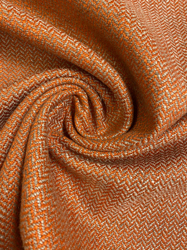 Designer Linen Viscose Ecru Orange Herringbone MCM Mid Century Modern Water & Stain Resistant Upholstery Fabric WHS 4503