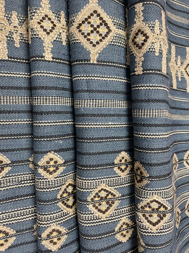 Designer Embroidered Denim Blue Black Grey Stripe Faux Linen Upholstery Fabric STA 4337