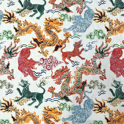 Cotton Beige Red Orange Navy Blue Green Tiger Tibetan Animal Print Asian Upholstery Drapery Fabric MGF
