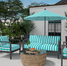 Load image into Gallery viewer, Heavy Duty Outdoor Solution Dyed Acrylic Turquoise Blue Cream Stripe Upholstery Drapery Fabric CF