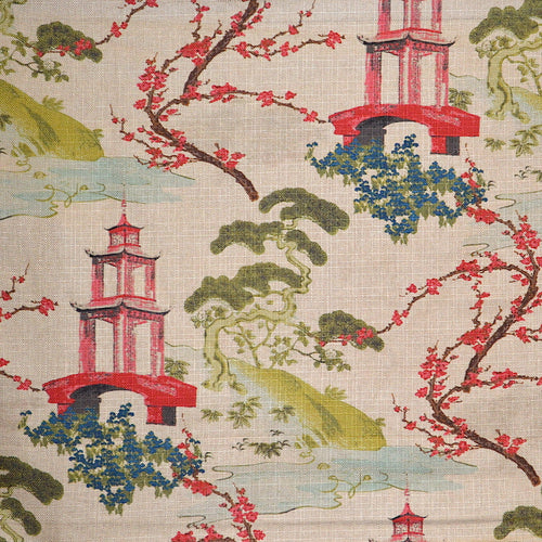 Aqua Olive Green Red Beige Navy Blue Chinoiserie Pagoda Upholstery Drapery Fabric MGF