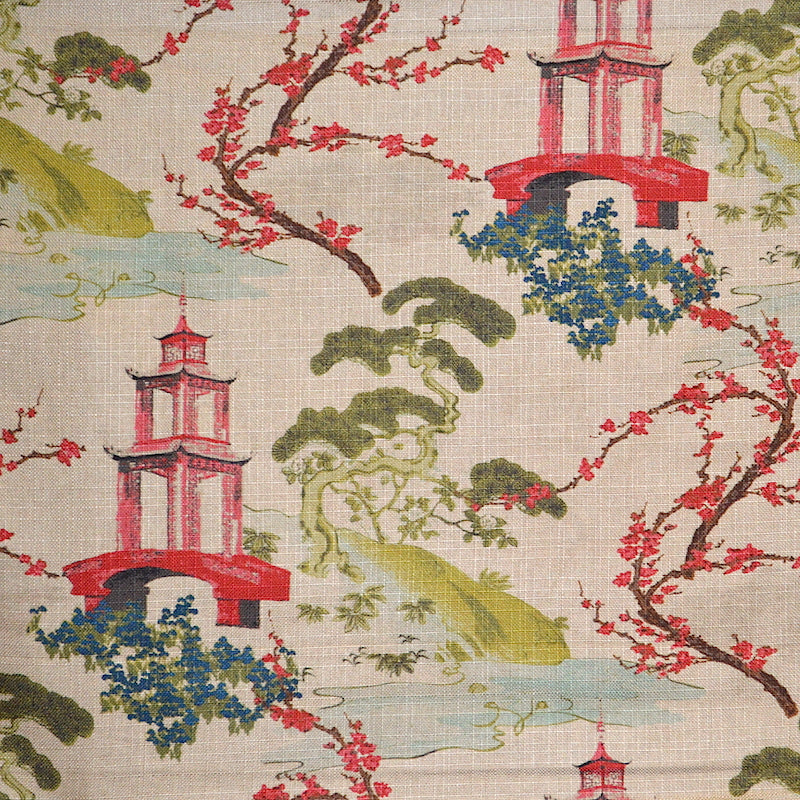 Aqua Olive Green Red Beige Navy Blue Chinoiserie Pagoda Upholstery Drapery Fabric MGF