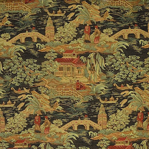Brown Mustard Gold Copper Red Green Chinoiserie Tapestry Toile Upholstery Drapery Fabric MGF