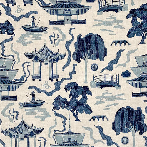 Linen Blend Aqua Blue Beige Navy Blue Asian Chinoiserie Toile Herringbone Pagoda Upholstery Drapery Fabric MGF