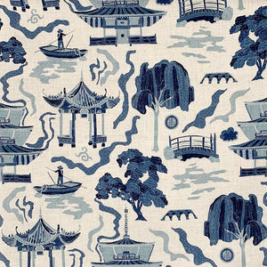 Blue store Beige Abstract Chinoiserie Upholstery Drapery Fabric