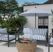 Load image into Gallery viewer, Heavy Duty Outdoor Solution Dyed Acrylic Purple Blue Cream Stripe Upholstery Drapery Fabric CF