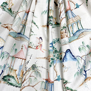 Ivory Green Pink Blue Asian Japanese Chinoiserie Cotton Toile Upholstery Drapery Fabric MGF