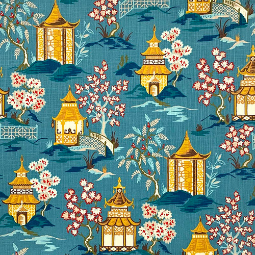 Cotton Turquoise Blue Teal Mustard Yellow Red Chinoiserie Floral Upholstery Drapery Fabric MGF