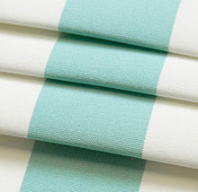 Load image into Gallery viewer, Heavy Duty Outdoor Solution Dyed Acrylic Aqua Blue Cream Stripe Upholstery Drapery Fabric CF
