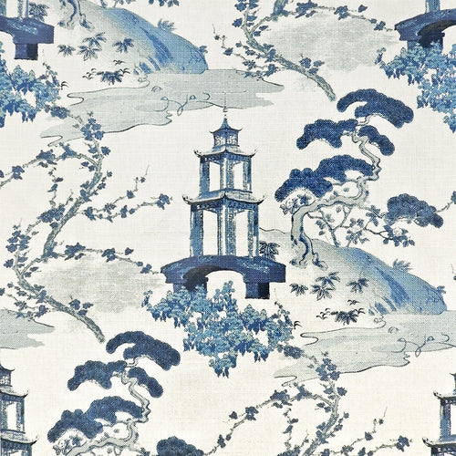 Aqua Blue Beige Navy Blue Chinoiserie Pagoda Upholstery Drapery Fabric MGF