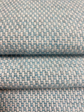 Load image into Gallery viewer, Designer Water &amp; Stain Resistant Indoor Outdoor MCM Mid Century Modern Aqua Blue White Chenille Upholstery Fabric WHS 4354