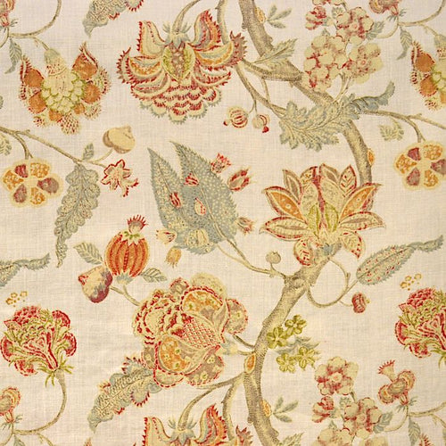 Linen Cream Yellow Red Aqua Seafoam Floral Jacobean Upholstery Drapery Fabric MGF