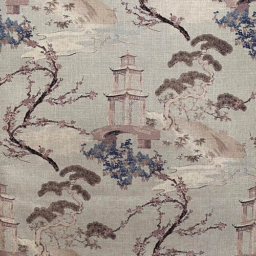 Seafoam Green Brown Blue Teal Chinoiserie Pagoda Upholstery Drapery Fabric MGF