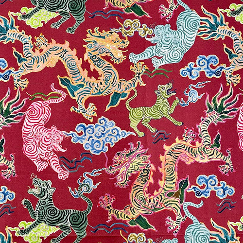 Cotton Red Blue Green Orange Black Tiger Tibetan Animal Print Asian Upholstery Drapery Fabric MGF