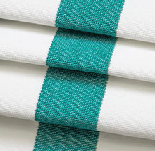 Load image into Gallery viewer, Heavy Duty Outdoor Solution Dyed Acrylic Teal Green Cream Stripe Upholstery Drapery Fabric CF