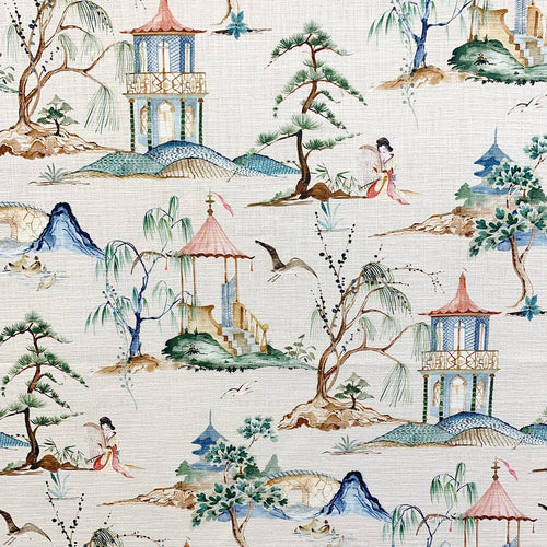 Ivory Green Pink Blue Asian Japanese Chinoiserie Cotton Toile Upholstery Drapery Fabric MGF