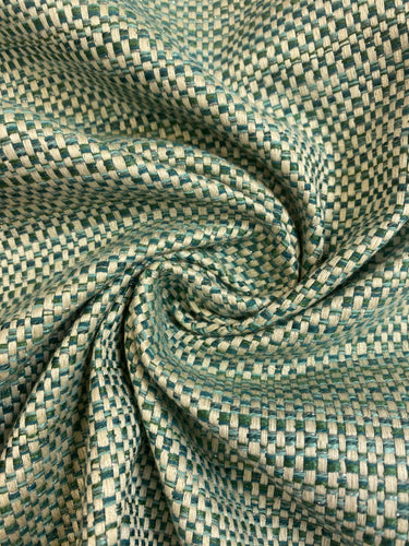 1 1/2 Yd Designer Water & Stain Resistant Teal Lime Green Cream Silver MCM Mid Century Modern Tweed Upholstery Fabric WHS 4439