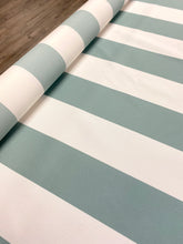 Load image into Gallery viewer, Designer Water &amp; Stain Resistant Indoor Outdoor Green Seafoam Cream Awning Stripe Upholstery Drapery Fabric WHS 4340