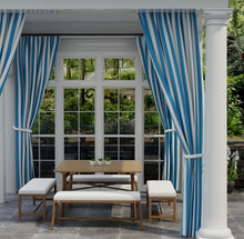 Load image into Gallery viewer, Heavy Duty Outdoor Solution Dyed Acrylic Royal Blue Cream Stripe Upholstery Drapery Fabric CF