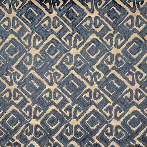 Navy Blue Greige Abstract Geometric Cut Velvet Upholstery Fabric MGF