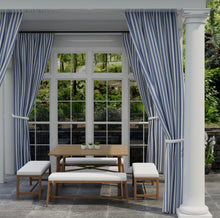 Load image into Gallery viewer, Heavy Duty Outdoor Solution Dyed Acrylic Purple Blue Cream Stripe Upholstery Drapery Fabric CF