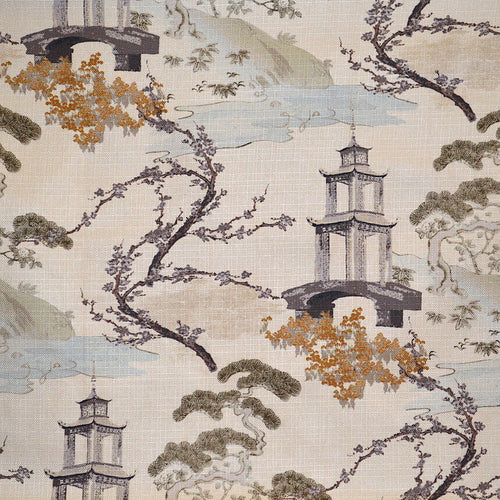 Beige Olive Green Mustard Charcoal Chinoiserie Pagoda Upholstery Drapery Fabric MGF