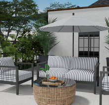 Load image into Gallery viewer, Heavy Duty Outdoor Solution Dyed Acrylic Navy Denim Blue Cream Stripe Upholstery Drapery Fabric CF