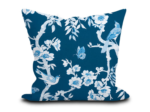 Custom Pillow Cover in Botanical Floral Thibaut Yukio in Navy Blue and White - One Side