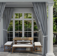 Load image into Gallery viewer, Heavy Duty Outdoor Solution Dyed Acrylic Navy Denim Blue Cream Stripe Upholstery Drapery Fabric CF