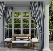 Load image into Gallery viewer, Heavy Duty Outdoor Solution Dyed Acrylic Navy Denim Blue Cream Stripe Upholstery Drapery Fabric CF