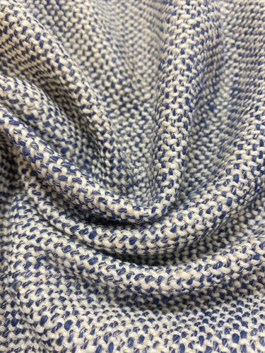 Designer Navy Blue Cream Linen Viscose Tweed MCM Mid Century Modern Water & Stain Resistant Upholstery Fabric WHS 4371