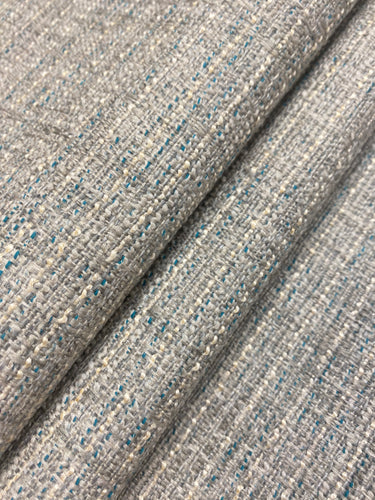 Designer Aqua Blue Cream Grey MCM Mid Century Modern Tweed Water & Stain Resistant Upholstery Fabric WHS 4359