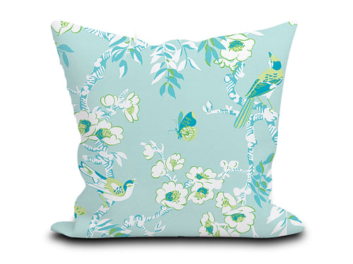 Custom Pillow Cover in Botanical Floral Thibaut Yukio in Spa Blue - One Side