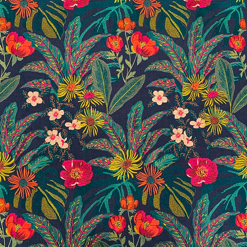 Navy Blue Green Hot Pink Orange Mustard Embroidered Floral Drapery Fabric MGF