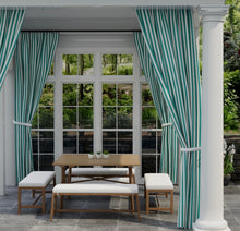 Load image into Gallery viewer, Heavy Duty Outdoor Solution Dyed Acrylic Teal Green Cream Stripe Upholstery Drapery Fabric CF