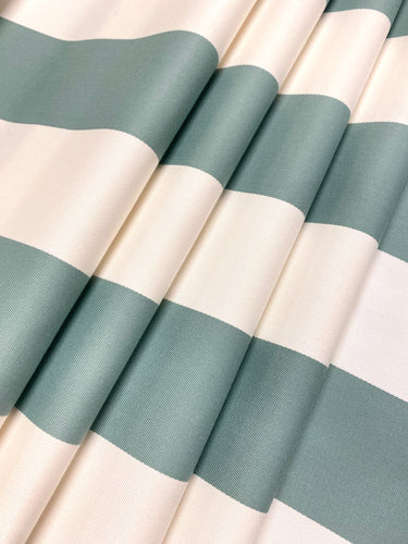 Designer Water & Stain Resistant Indoor Outdoor Green Seafoam Cream Awning Stripe Upholstery Drapery Fabric WHS 4340