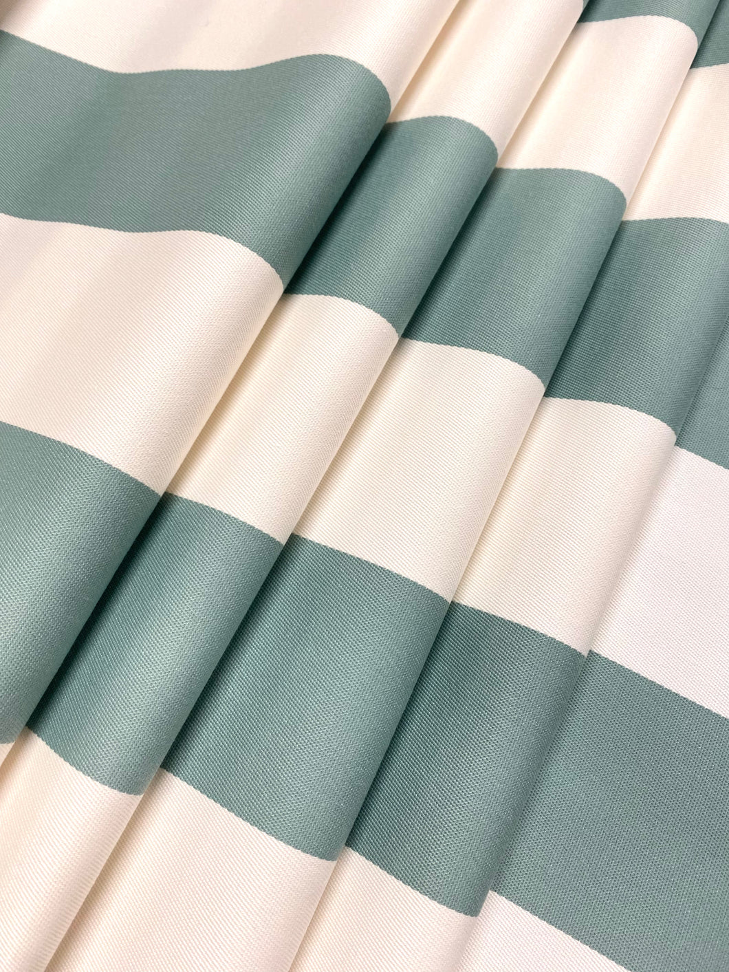 Designer Water & Stain Resistant Indoor Outdoor Green Seafoam Cream Awning Stripe Upholstery Drapery Fabric WHS 4340