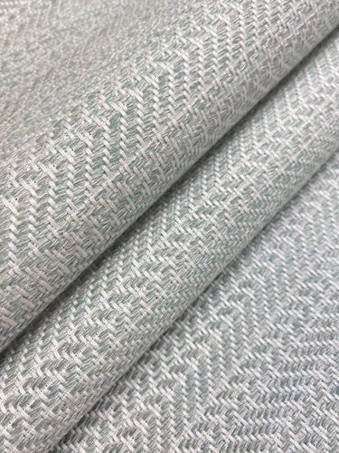 Designer Seafoam Aqua Green Cream Herringbone MCM Mid Century Modern Water & Stain Resistant Upholstery Fabric WHS 4495