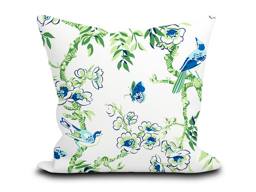 Custom Pillow Cover in Botanical Floral Thibaut Yukio in Blue and Green - One Side