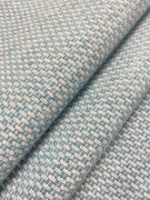 Load image into Gallery viewer, Designer Water &amp; Stain Resistant Indoor Outdoor MCM Mid Century Modern Aqua Blue White Chenille Upholstery Fabric WHS 4354