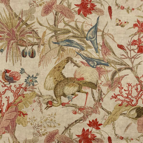 Linen Beige Olive Green Red Teal Bird Botanical Upholstery Drapery Fabric MGF