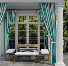 Load image into Gallery viewer, Heavy Duty Outdoor Solution Dyed Acrylic Teal Green Cream Stripe Upholstery Drapery Fabric CF